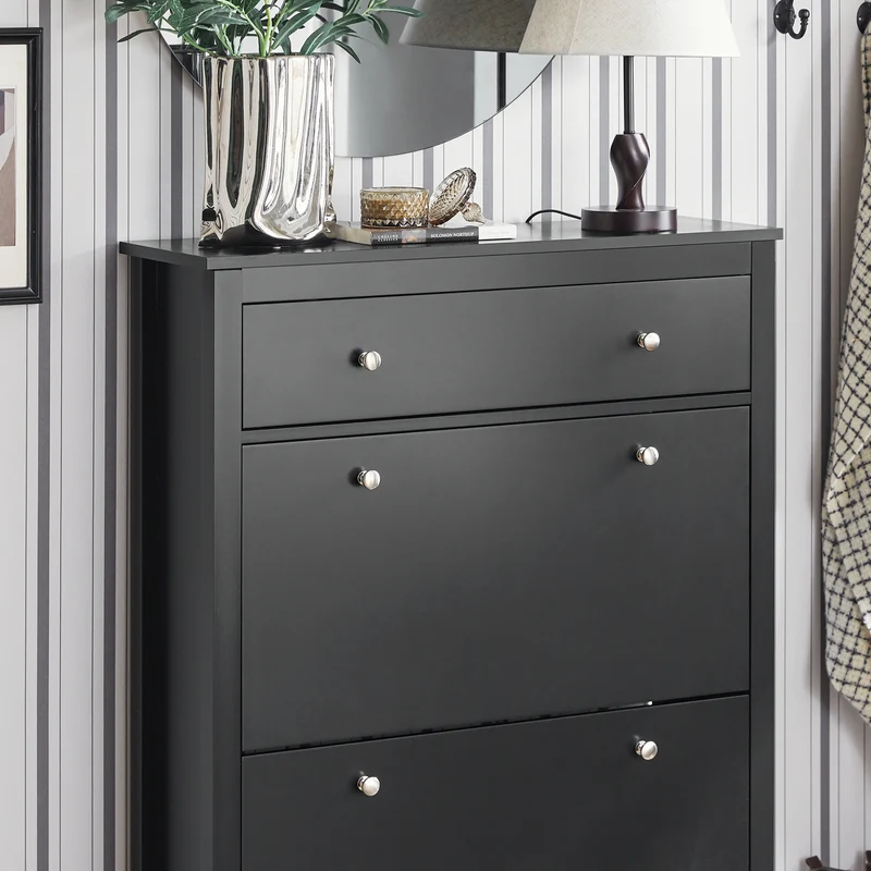 SoBuy FSR89-SCH Armoire à Chaussures 2 Abattants et Grand Tiroir, Rangement 12 Paires pour Entrée Couloir – 80x25x108 cm, Noir