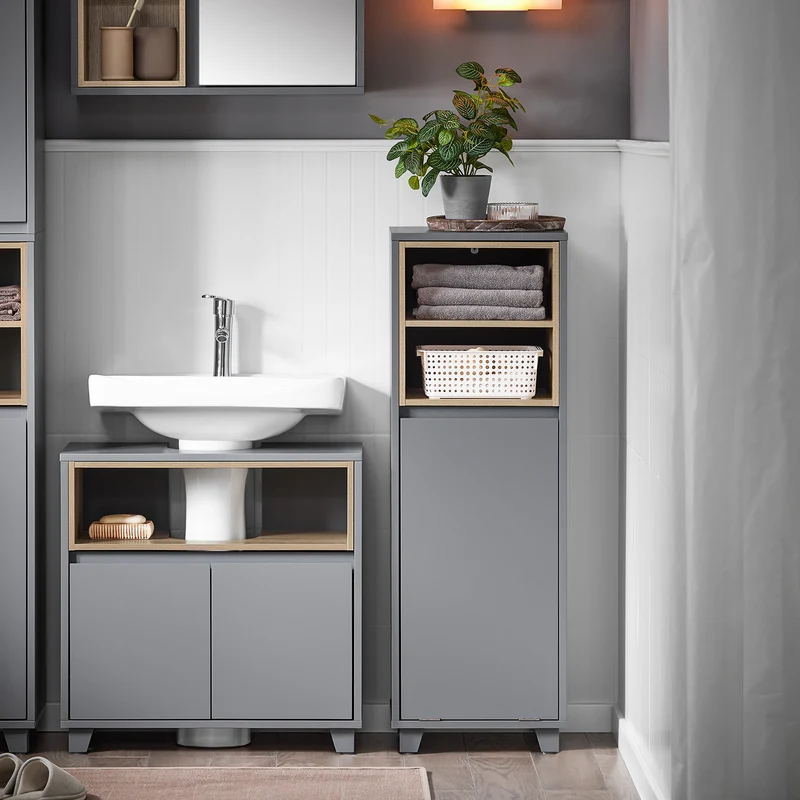 SoBuy BZR146-DG Meuble Bas de Salle de Bain, Meuble Demi-Colonne sur Pied, Placard WC Étroit avec 1 Panier à Linge