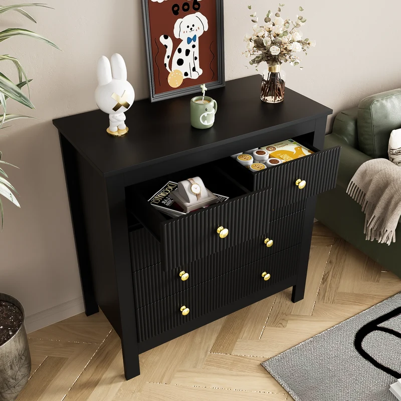 Buffet noir élégante façades texturées 5 tiroirs poignées dorées THRUZETS