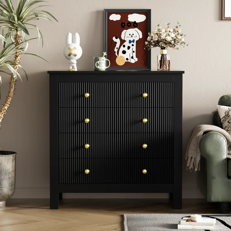 Buffet noir élégante façades texturées 5 tiroirs poignées dorées THRUZETS