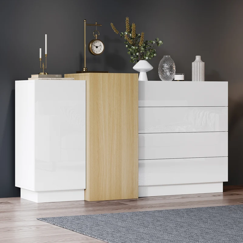 Buffet blanc brillant effet bois 4 tiroirs et 2 portes 140*35*81cm GREXEDS