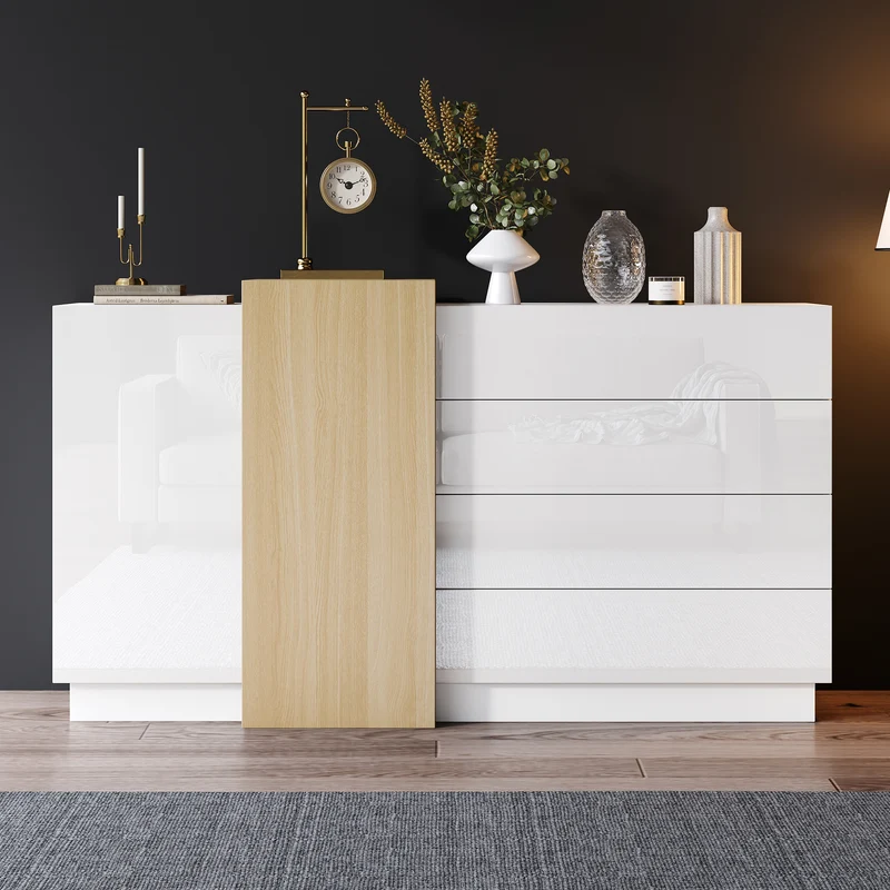 Buffet blanc brillant effet bois 4 tiroirs et 2 portes 140*35*81cm GREXEDS