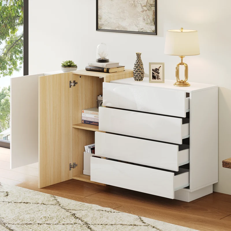Buffet blanc brillant effet bois 4 tiroirs et 2 portes 140*35*81cm GREXEDS
