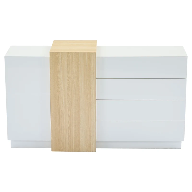 Buffet blanc brillant effet bois 4 tiroirs et 2 portes 140*35*81cm GREXEDS