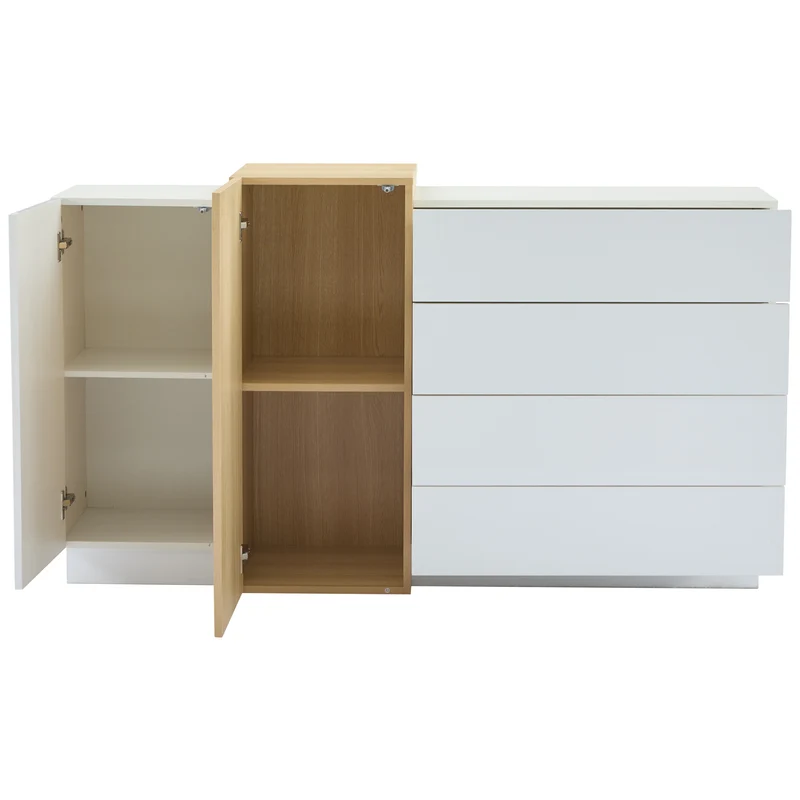 Buffet blanc brillant effet bois 4 tiroirs et 2 portes 140*35*81cm GREXEDS