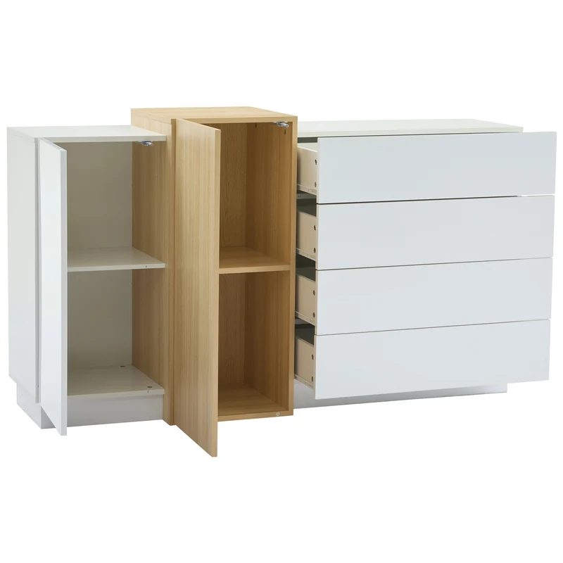 Buffet blanc brillant effet bois 4 tiroirs et 2 portes 140*35*81cm GREXEDS