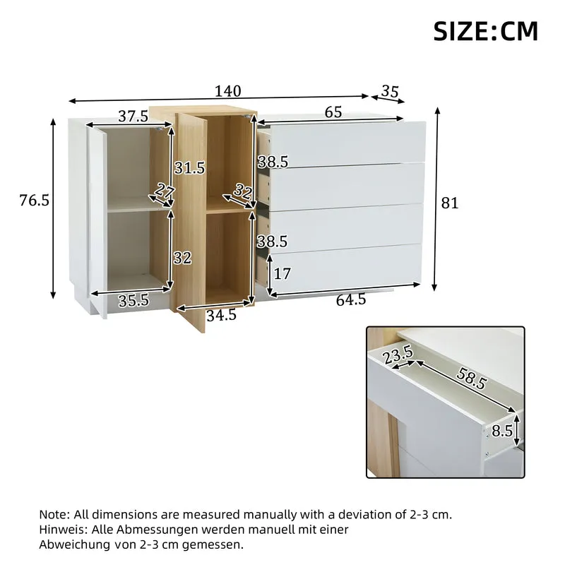 Buffet blanc brillant effet bois 4 tiroirs et 2 portes 140*35*81cm GREXEDS