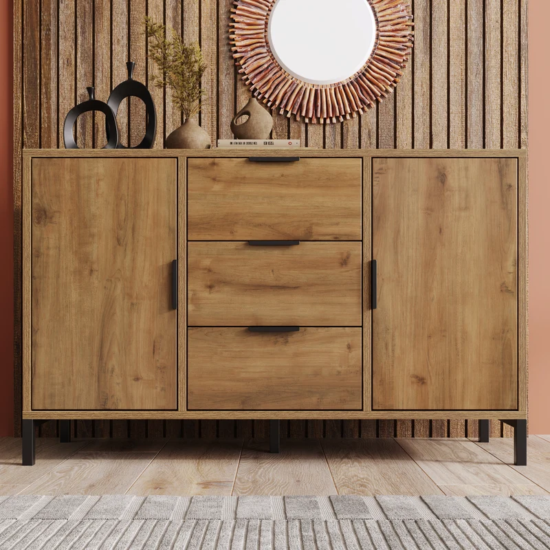 Buffet effet bois chêne foncé style industriel 2 portes 3 tiroirs 120x40x76cm OMNAERS