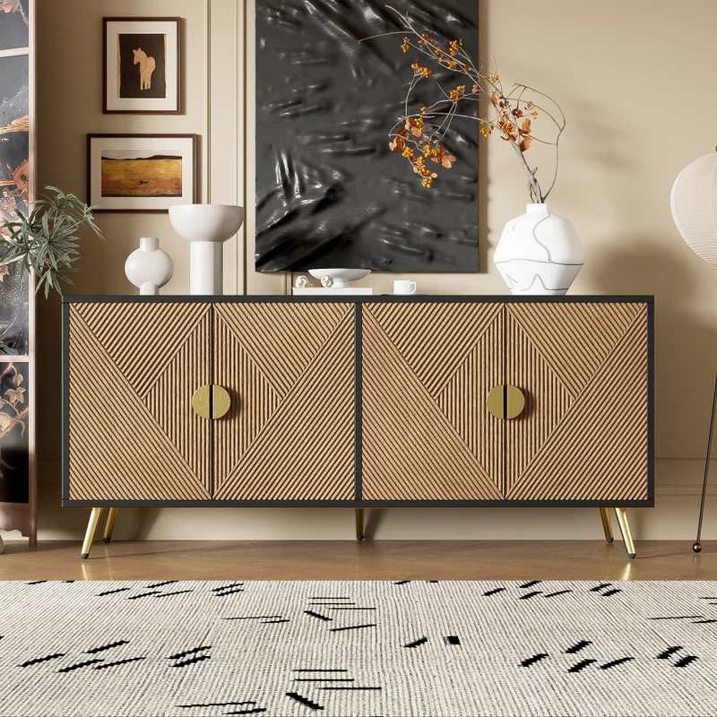 Buffet élégant effet bois brossées et noir 4 portes poignées et pieds dorées 160*40*75 cm VIMIDS