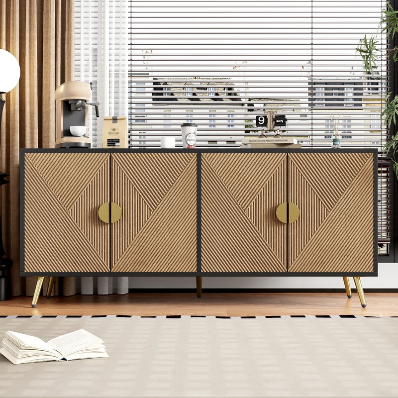 Buffet élégant effet bois brossées et noir 4 portes poignées et pieds dorées 160*40*75 cm VIMIDS