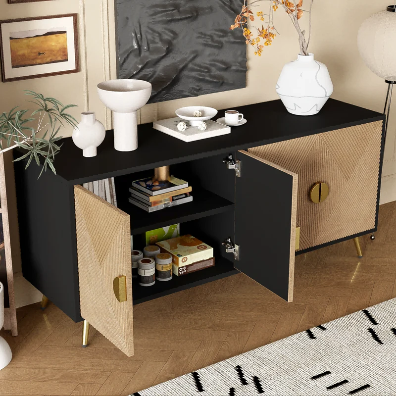 Buffet élégant effet bois brossées et noir 4 portes poignées et pieds dorées 160*40*75 cm VIMIDS