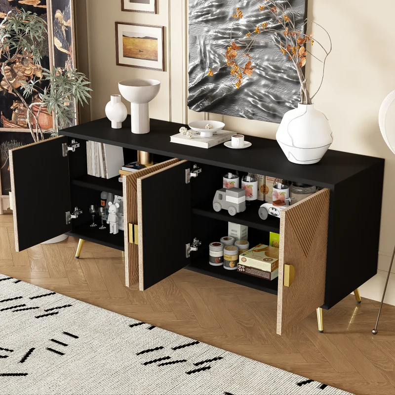 Buffet élégant effet bois brossées et noir 4 portes poignées et pieds dorées 160*40*75 cm VIMIDS