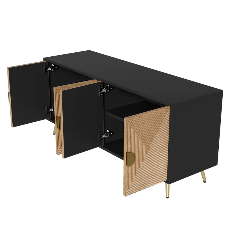 Buffet élégant effet bois brossées et noir 4 portes poignées et pieds dorées 160*40*75 cm VIMIDS