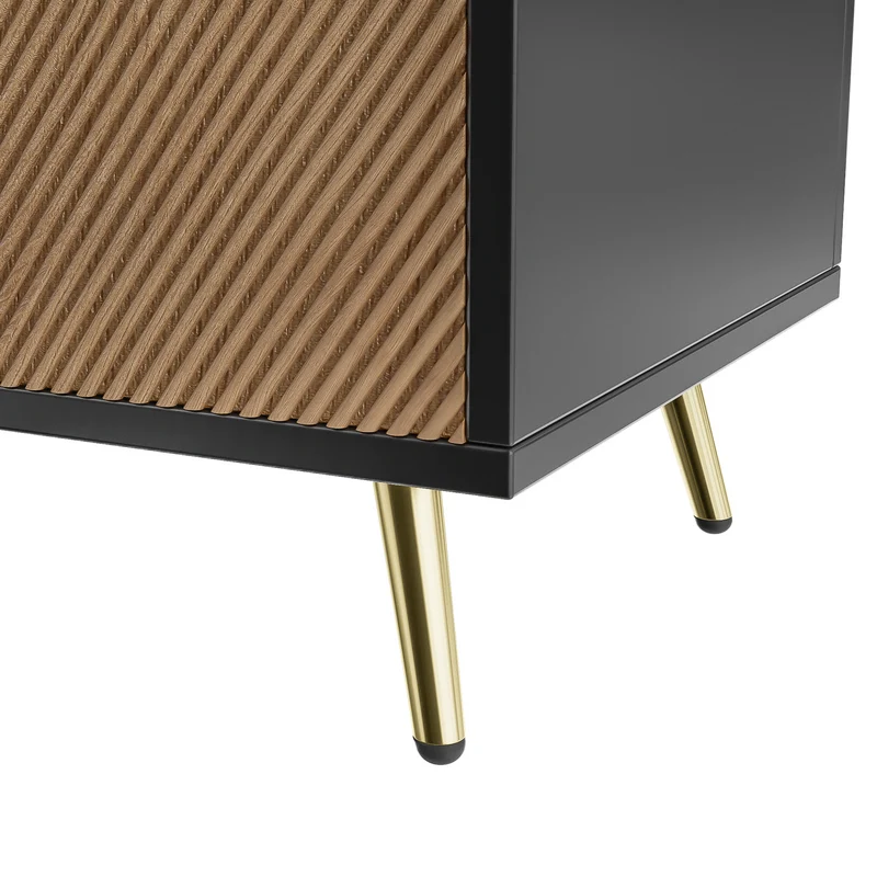 Buffet élégant effet bois brossées et noir 4 portes poignées et pieds dorées 160*40*75 cm VIMIDS