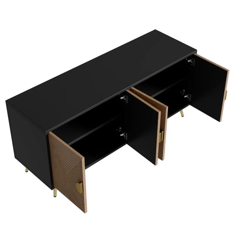 Buffet élégant effet bois brossées et noir 4 portes poignées et pieds dorées 160*40*75 cm VIMIDS