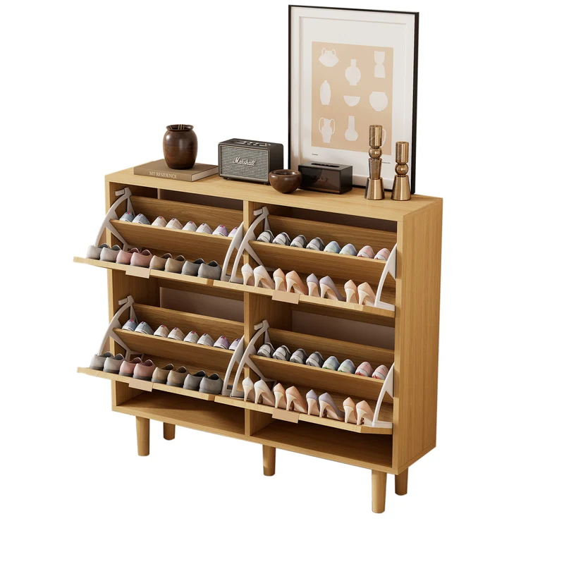 Meuble à chaussures effet chêne 4 portes abattants en rotin 100x25x90cm HARMONILN