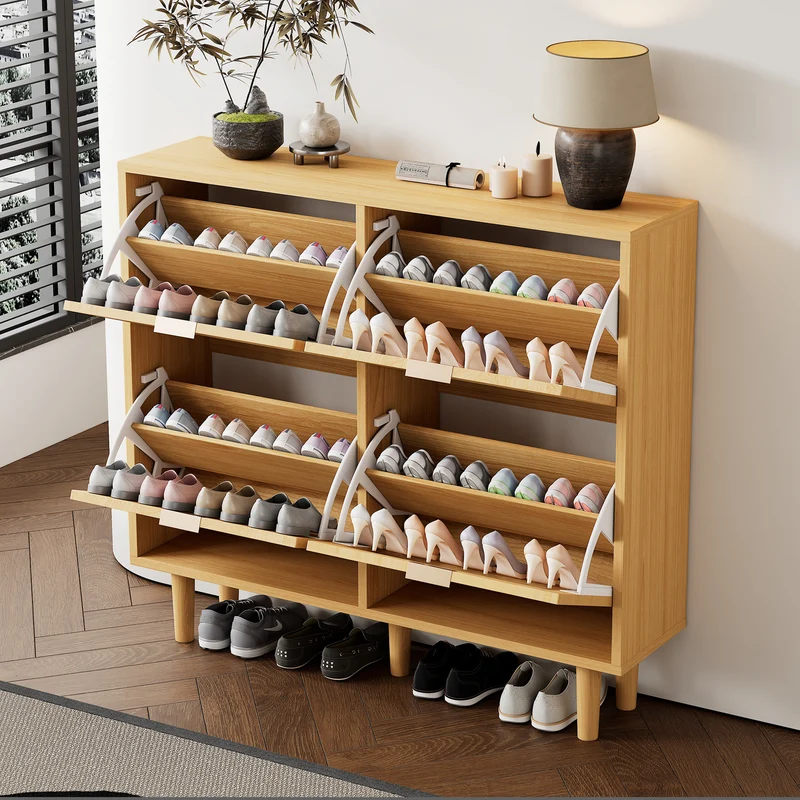 Meuble à chaussures effet chêne 4 portes abattants en rotin 100x25x90cm HARMONILN