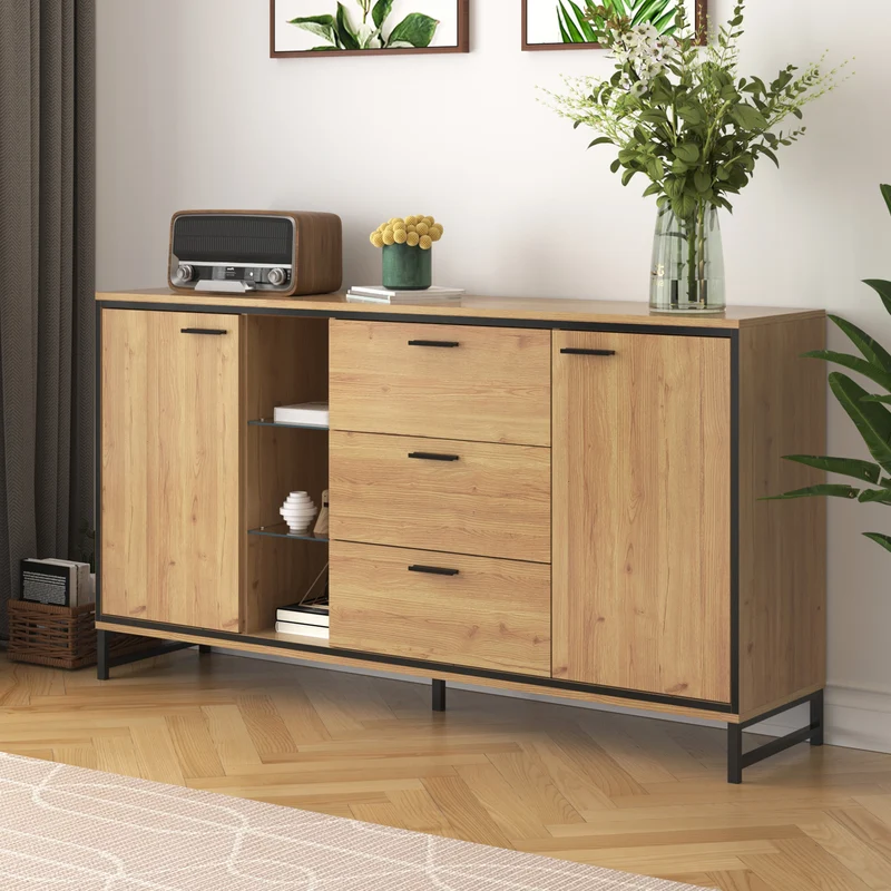 Buffet effet bois et noir 3 tiroirs, 3 niches et 2 portes avec éclairage LED UVAT