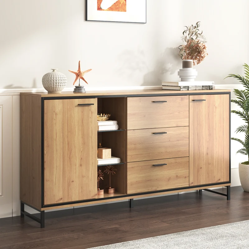 Buffet effet bois et noir 3 tiroirs, 3 niches et 2 portes avec éclairage LED UVAT