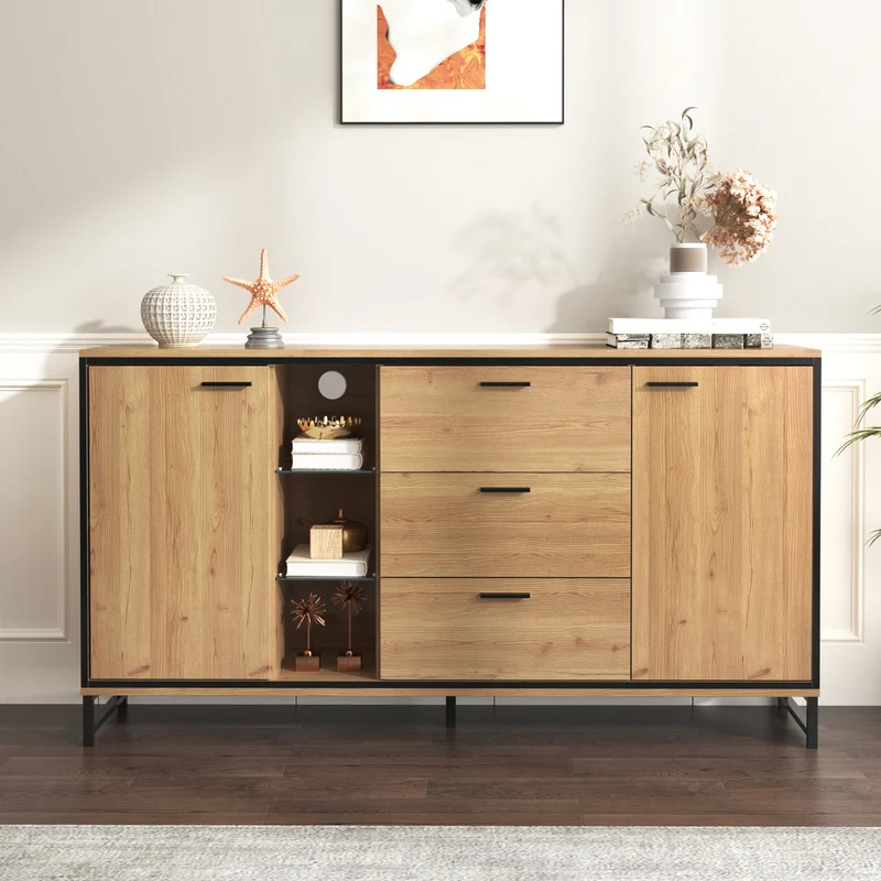 Buffet effet bois et noir 3 tiroirs, 3 niches et 2 portes avec éclairage LED UVAT
