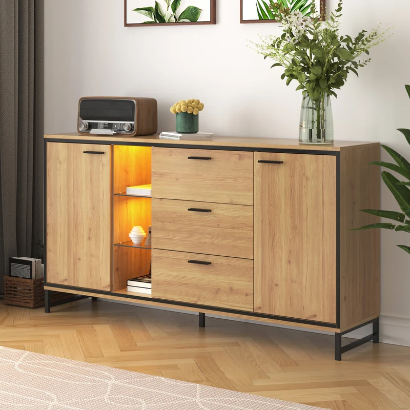 Buffet effet bois et noir 3 tiroirs, 3 niches et 2 portes avec éclairage LED UVAT