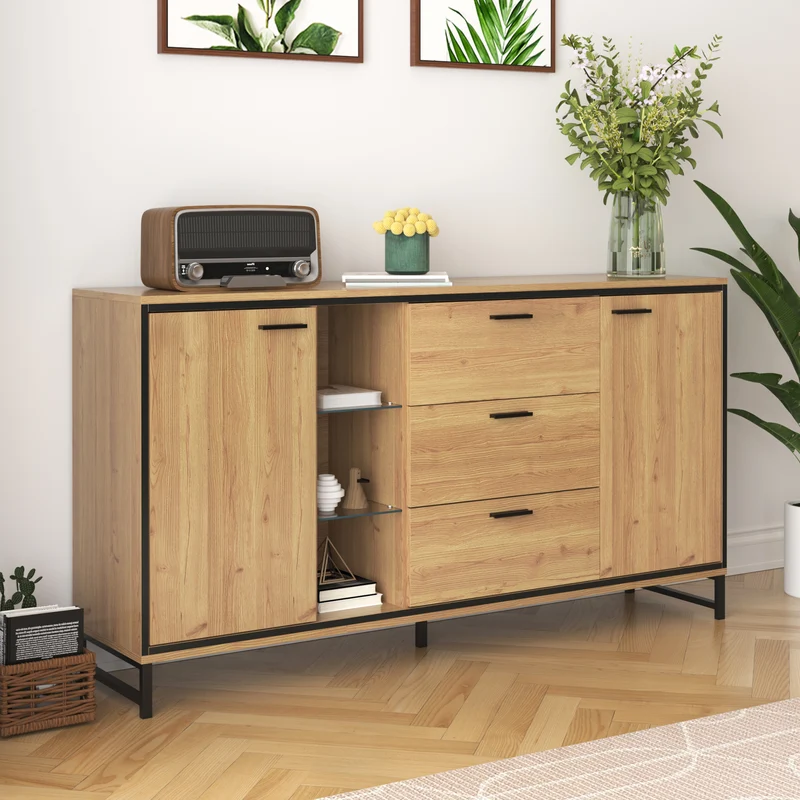 Buffet effet bois et noir 3 tiroirs, 3 niches et 2 portes avec éclairage LED UVAT