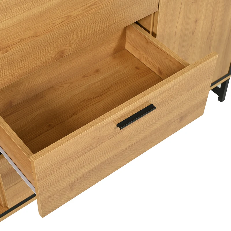 Buffet effet bois et noir 3 tiroirs, 3 niches et 2 portes avec éclairage LED UVAT