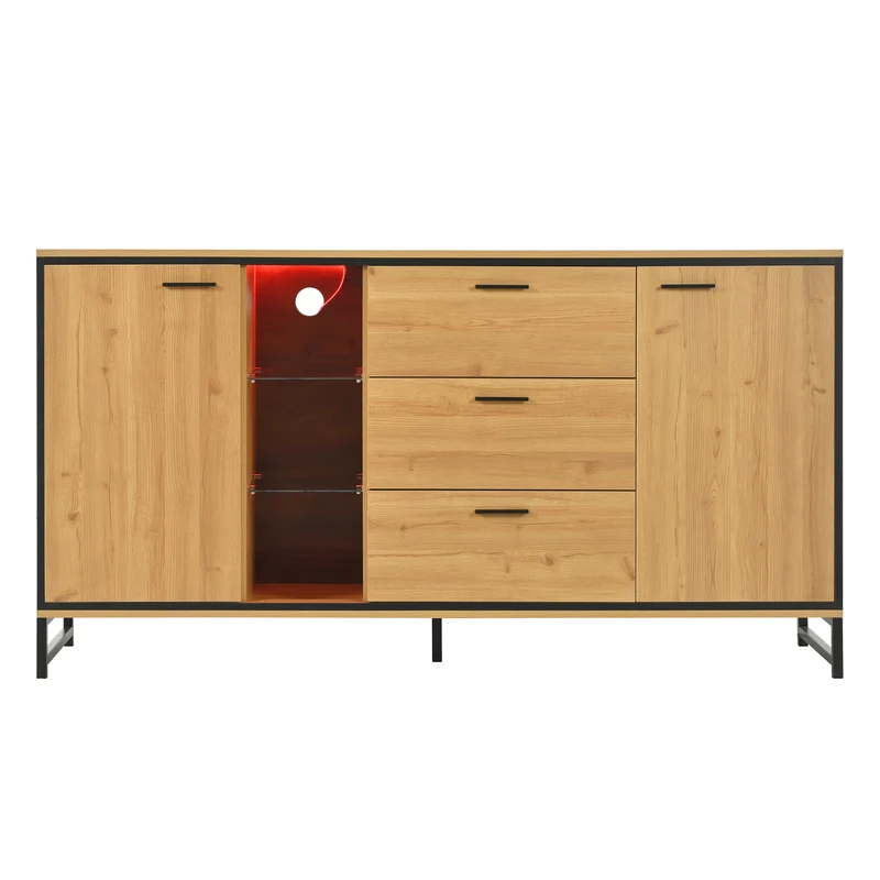 Buffet effet bois et noir 3 tiroirs, 3 niches et 2 portes avec éclairage LED UVAT