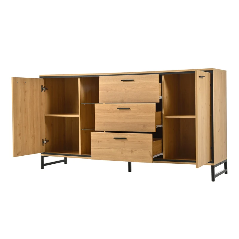 Buffet effet bois et noir 3 tiroirs, 3 niches et 2 portes avec éclairage LED UVAT
