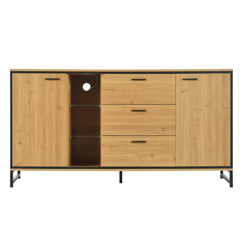Buffet effet bois et noir 3 tiroirs, 3 niches et 2 portes avec éclairage LED UVAT