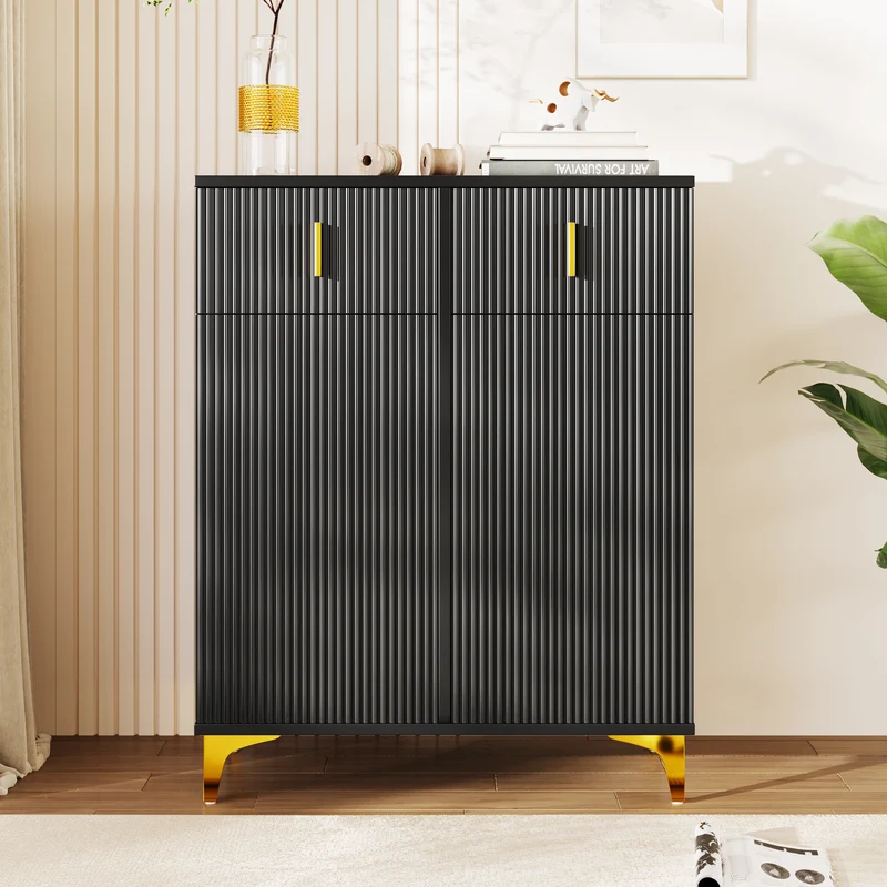 Buffet noir texturé avec détails dorés 2 tiroirs 2 portes SHEZA