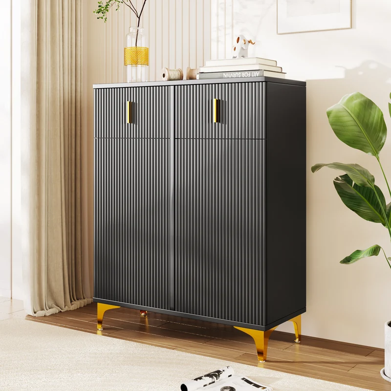 Buffet noir texturé avec détails dorés 2 tiroirs 2 portes SHEZA