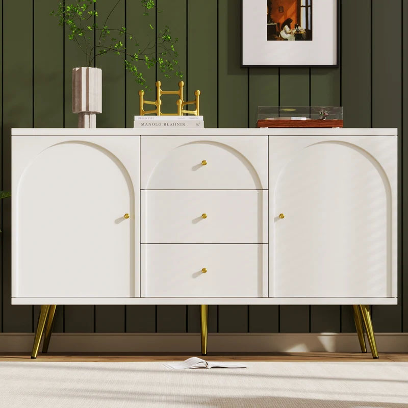 Buffet blanc crème 2 portes et 3 tiroirs poignés et pieds dorés H84/L140/P40cm SENPHOS