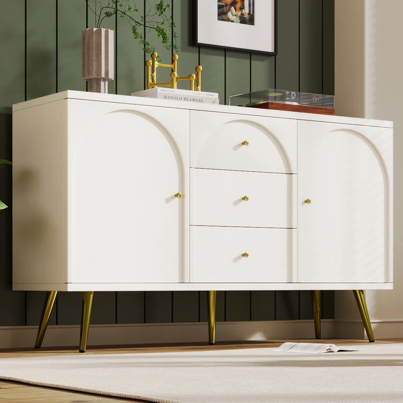Buffet blanc crème 2 portes et 3 tiroirs poignés et pieds dorés H84/L140/P40cm SENPHOS