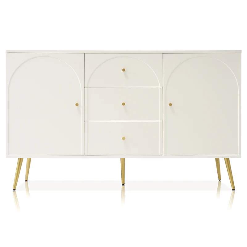 Buffet blanc crème 2 portes et 3 tiroirs poignés et pieds dorés H84/L140/P40cm SENPHOS