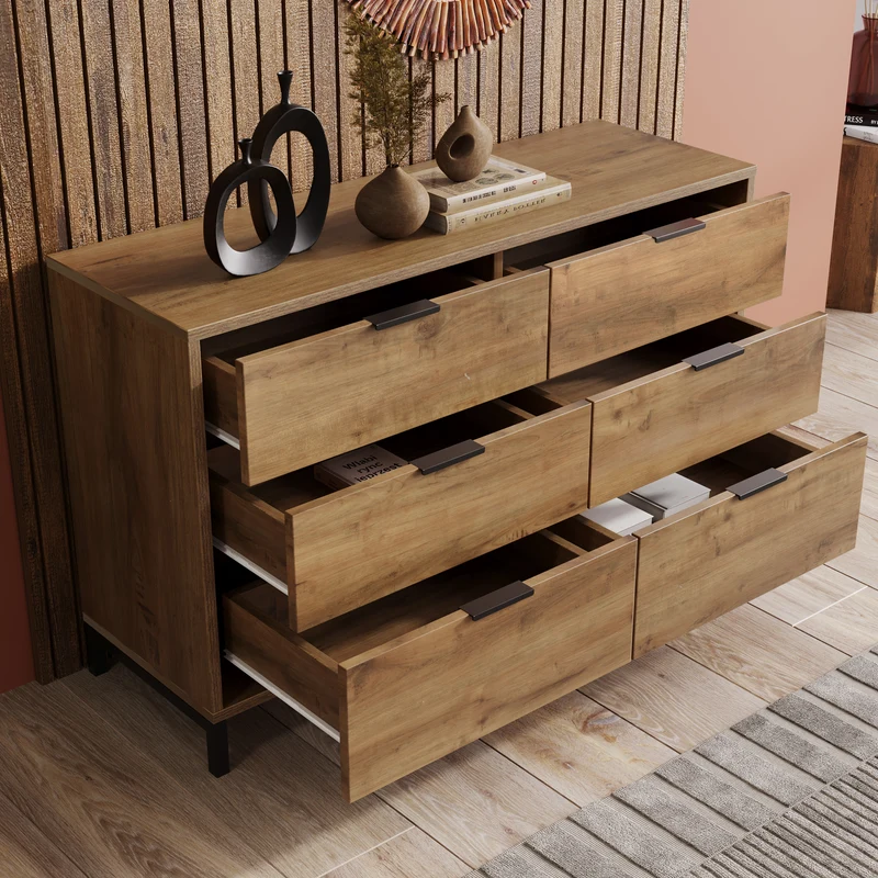 Buffet effet bois chêne foncé 6 tiroirs 120x40x76cm CRENGRIK