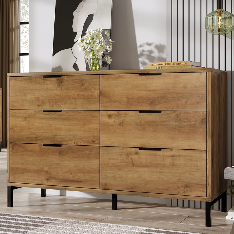 Buffet effet bois chêne foncé 6 tiroirs 120x40x76cm CRENGRIK