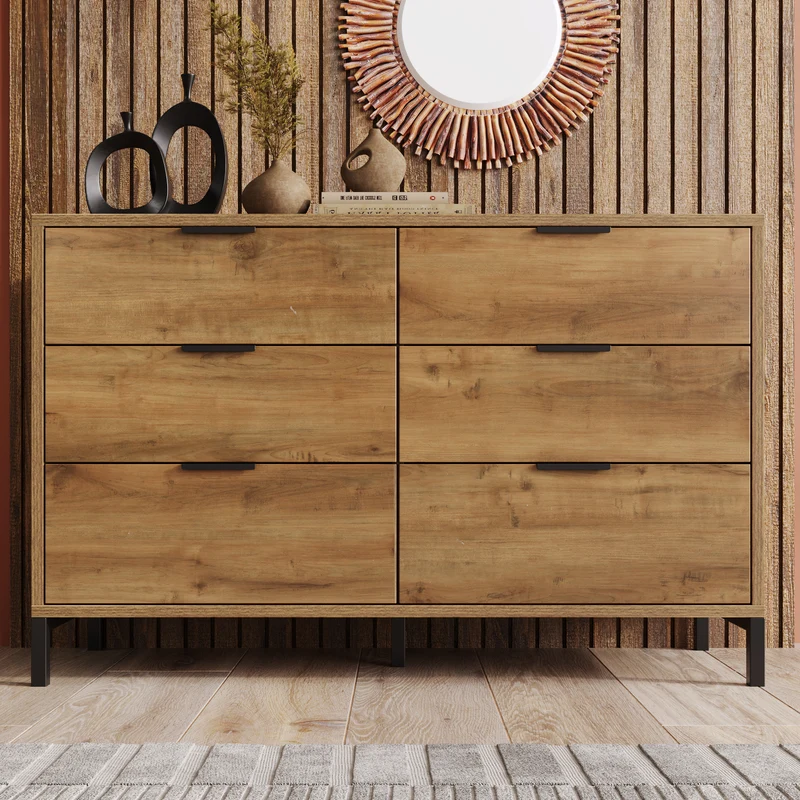 Buffet effet bois chêne foncé 6 tiroirs 120x40x76cm CRENGRIK