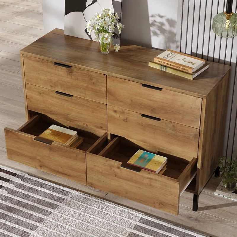 Buffet effet bois chêne foncé 6 tiroirs 120x40x76cm CRENGRIK