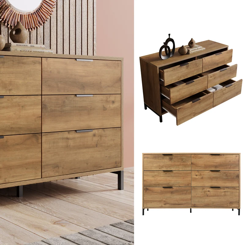 Buffet effet bois chêne foncé 6 tiroirs 120x40x76cm CRENGRIK