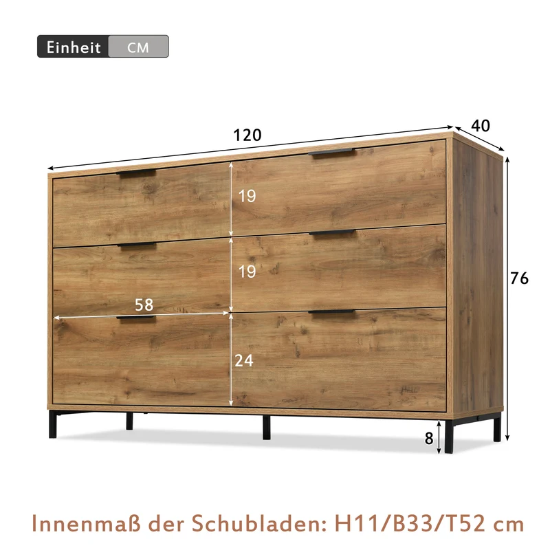 Buffet effet bois chêne foncé 6 tiroirs 120x40x76cm CRENGRIK