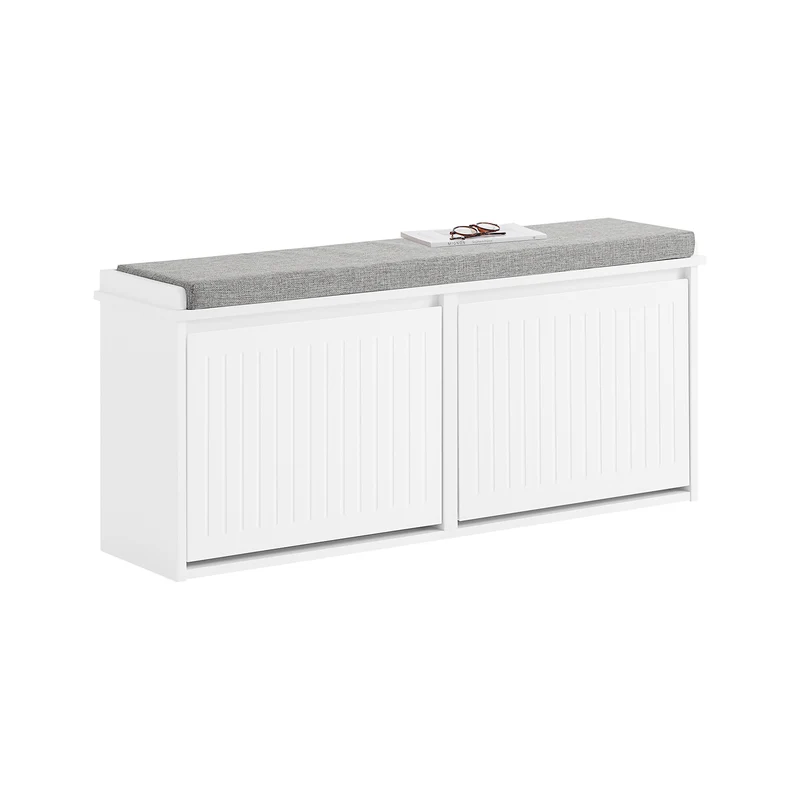 SoBuy FSR98-XL-W Banc à Chaussures avec Coussin Rembourré et 2 Abattants pour Entrée Couloir – 100x26x46 cm, Blanc