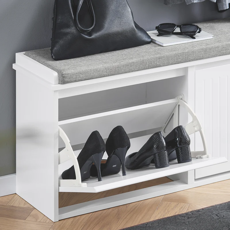 SoBuy FSR98-XL-W Banc à Chaussures avec Coussin Rembourré et 2 Abattants pour Entrée Couloir – 100x26x46 cm, Blanc