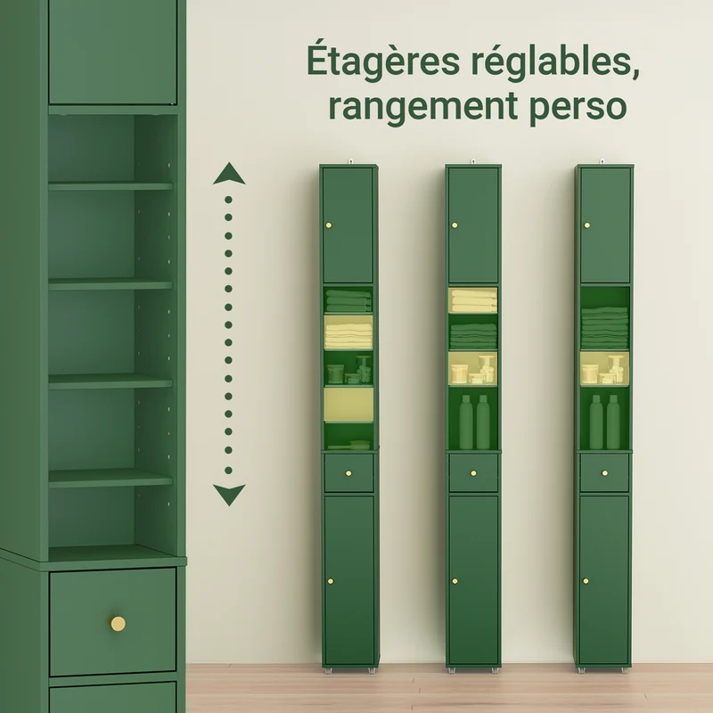 SoBuy BZR34-II-SY Colonne Salle de Bain Vert Foncé 180 cm Ultra-Slim 20 cm avec Tiroir et Étagères Réglables – Anti-Humidité, Anti-Basculement, MDF