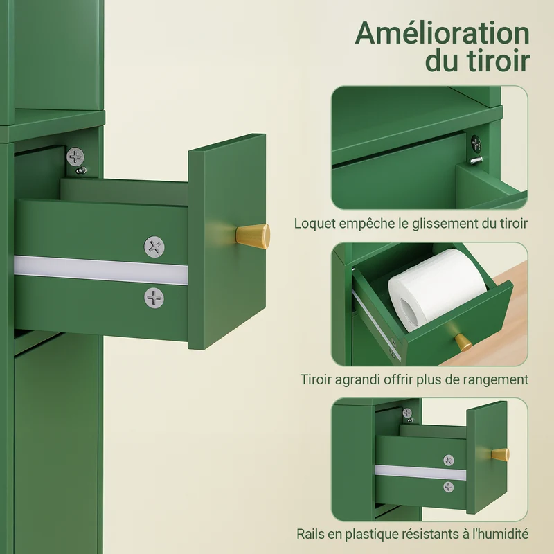 SoBuy BZR34-II-SY Colonne Salle de Bain Vert Foncé 180 cm Ultra-Slim 20 cm avec Tiroir et Étagères Réglables – Anti-Humidité, Anti-Basculement, MDF