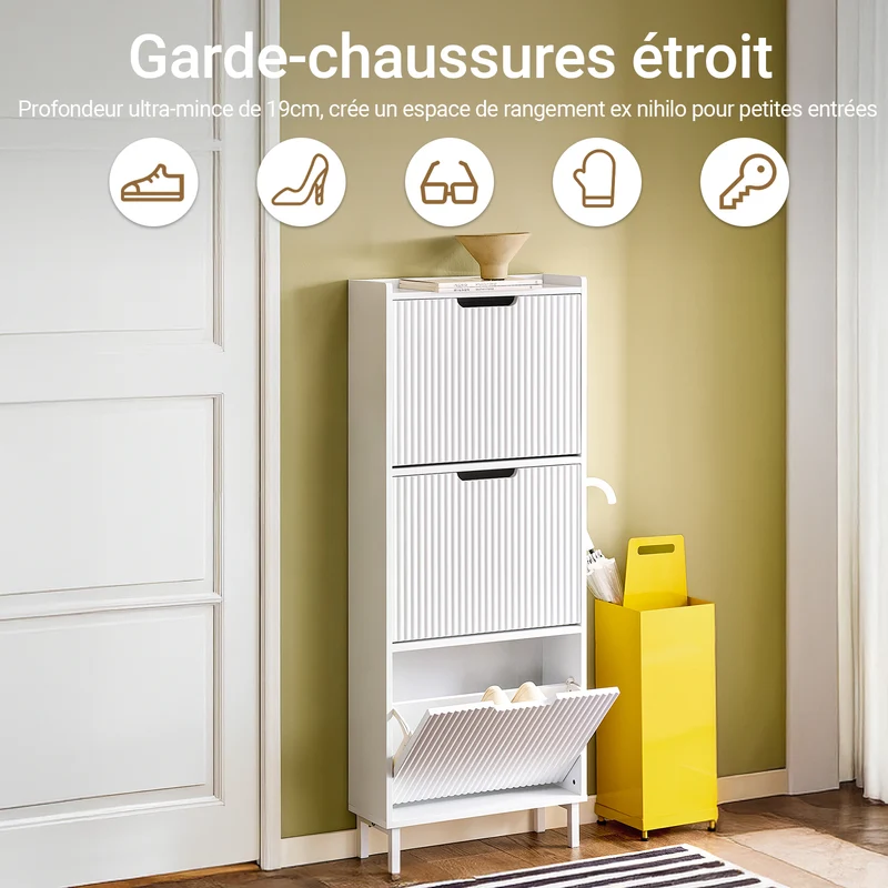 SoBuy FSR177-H-W Armoire à Chaussures 3 Abattants – 6 à 8 Paires, 19 cm de Profondeur, Anti-Basculement – 50×19×130 cm, Blanc