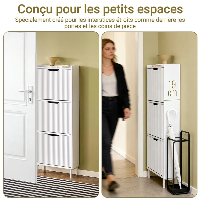 SoBuy FSR177-H-W Armoire à Chaussures 3 Abattants – 6 à 8 Paires, 19 cm de Profondeur, Anti-Basculement – 50×19×130 cm, Blanc