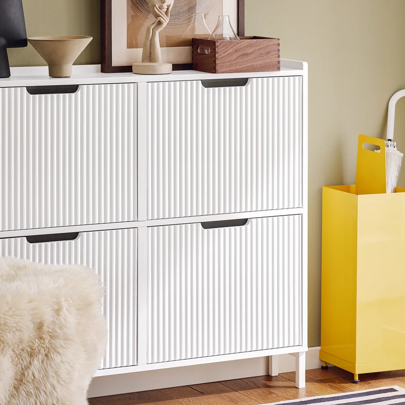 SoBuy FSR177-L-W Armoire à Chaussures 4 Abattants – 12 à 16 Paires, 19 cm de Profondeur, Anti-Basculement – 100×19×91 cm, Blanc
