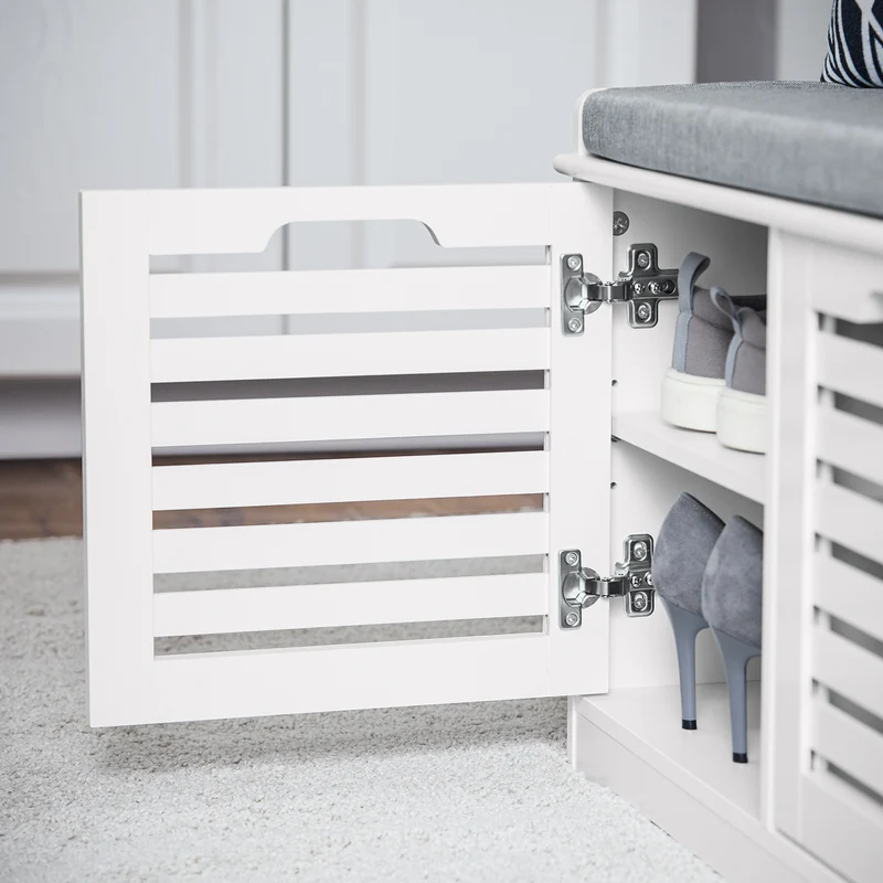 SoBuy FSR23-II-W Banc à Chaussures avec Coussin Rembourré, 2 Portes et 4 Compartiments Ouverts pour Entrée – 71x35x43 cm, Blanc