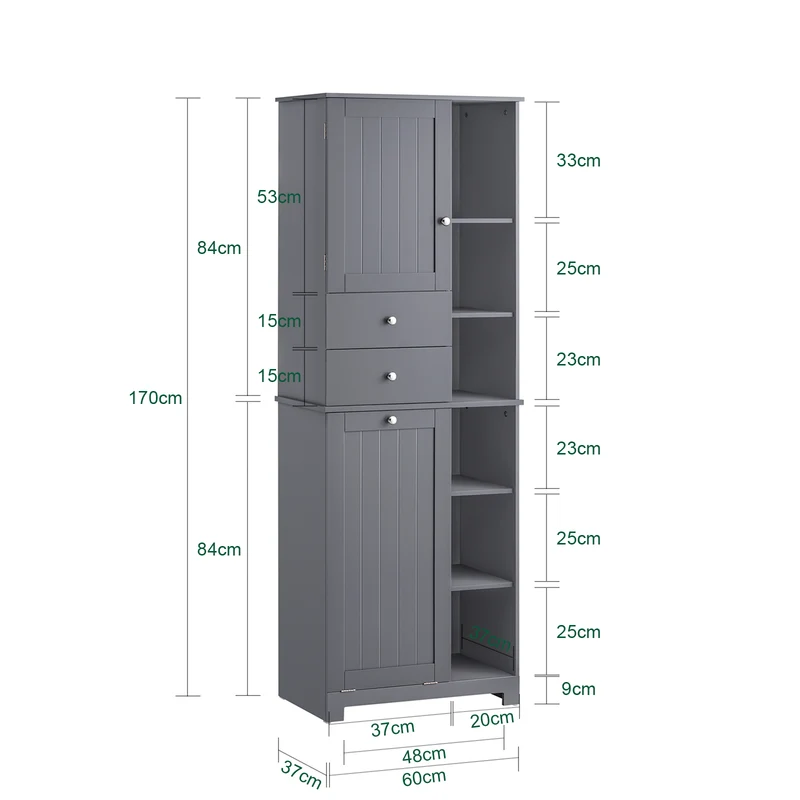 SoBuy BZR104-DG Colonne Salle de Bain Grise 171cm, Panier à Linge Amovible, 6 Étagères, 2 Tiroirs, Anti-Basculement, Charge 70 kg – 60x37x171 cm